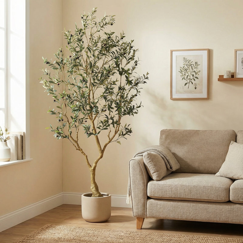 Olive artificielle de 7 pi en pot noir, olivier artificiel réaliste pour la décoration intérieure, 84" x 28" x 28"