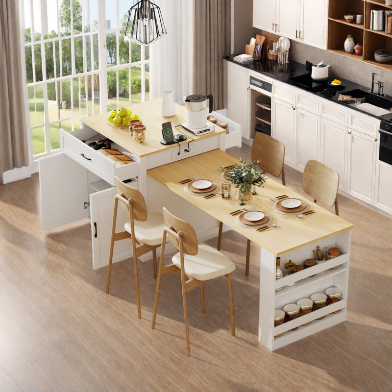 Îlot de cuisine avec table de salle à manger extensible, prise de courant, 2 tiroirs, 2 tablettes ouvertes latérales et rangement double
