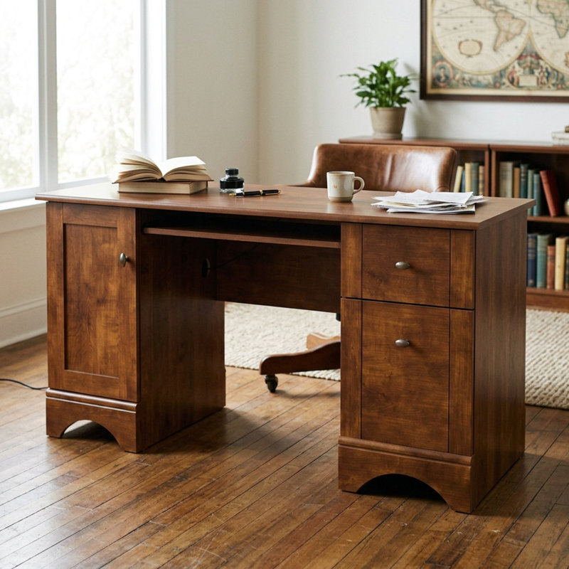 Bureau d'ordinateur en érable brossé, dimensions : 73,7 cm (H) x 59,6 cm (L) x 151 cm (P). Comprend un plateau pour clavier, un tiroir à dossiers suspendus et un passe-câbles de rangement.