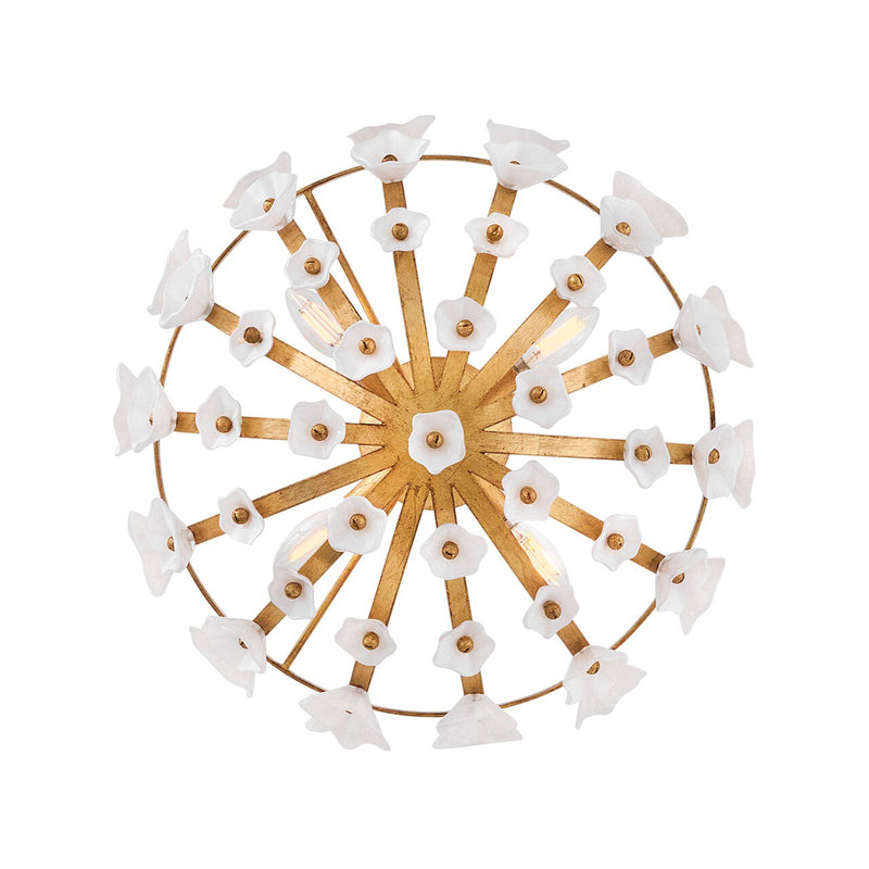 Distressed Brass and White Glass Floral LED Semi-Flush Mount