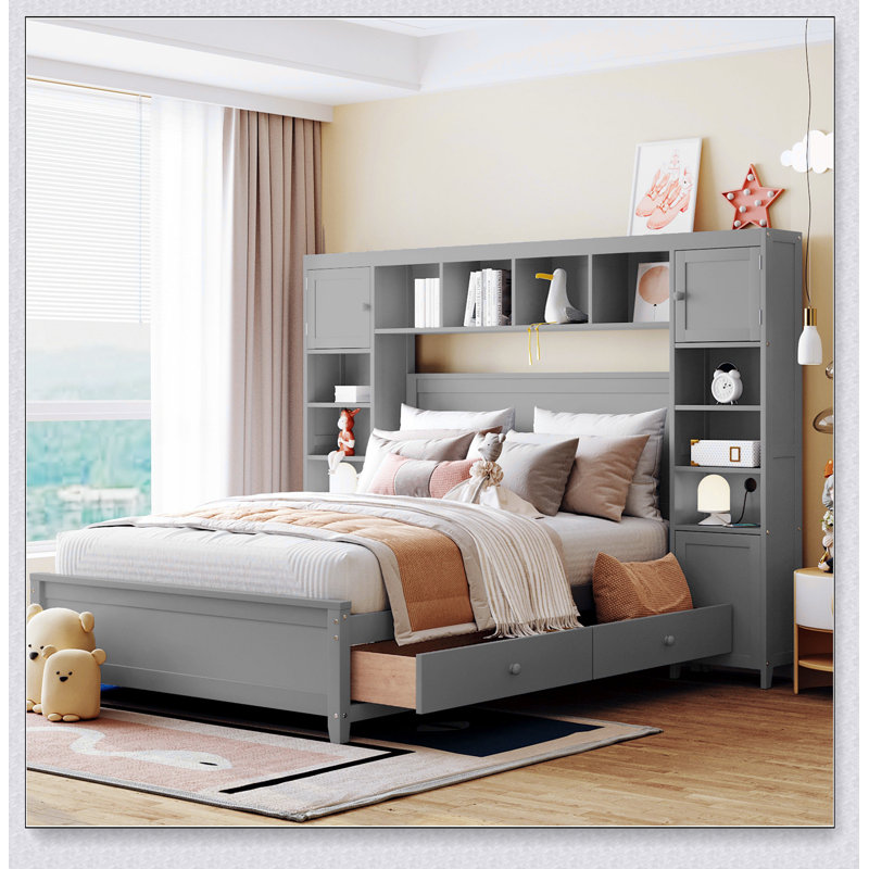 Wooden Bed With All-In-One Cabinet And Shelf, Gray