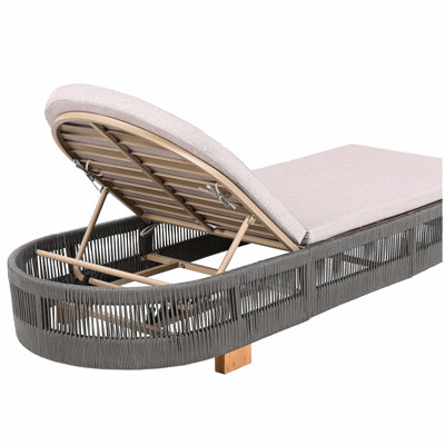 Chaise longue d'extérieur, chaise de piscine en bois d'acacia avec dossier et coussin réglables, chaise longue d'extérieur pour la plage, la cour ou le bord de la piscine (corde grise)