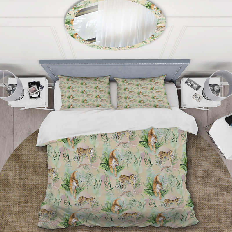 Ensemble de housse de couette en microfibre vert / brun 3 pièces, Housse de couette pour grand lit et 2 taies décor