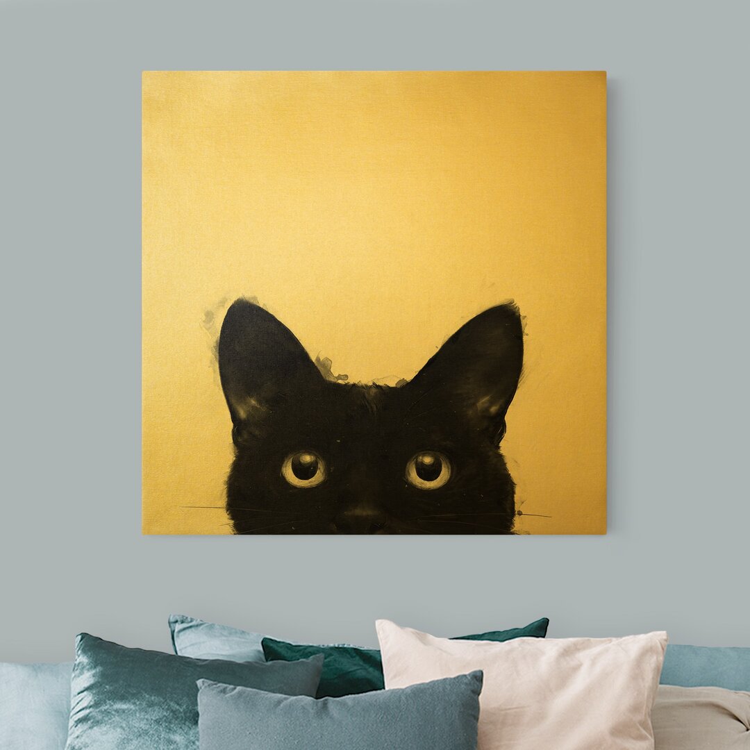 Leinwandbild Gold Illustration Schwarze Katze auf Weiß von Laura Graves