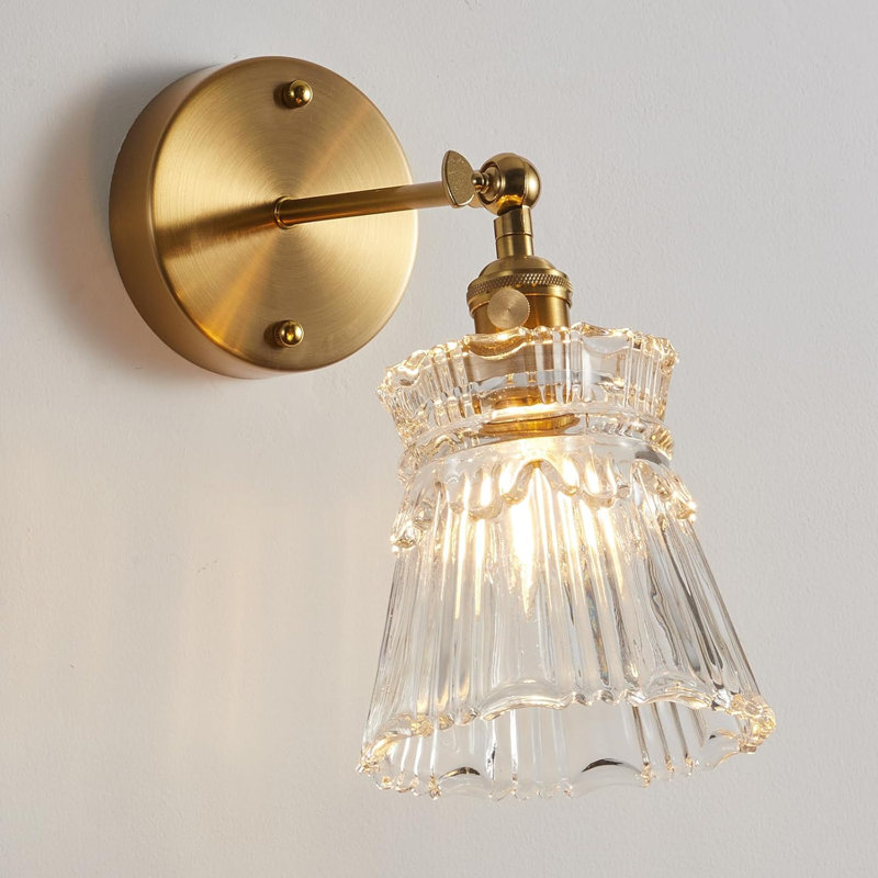 Vintage Wall Sconce With Adjustable Clear Striped Glass Shade, Hardwired Brass Finish With Switch