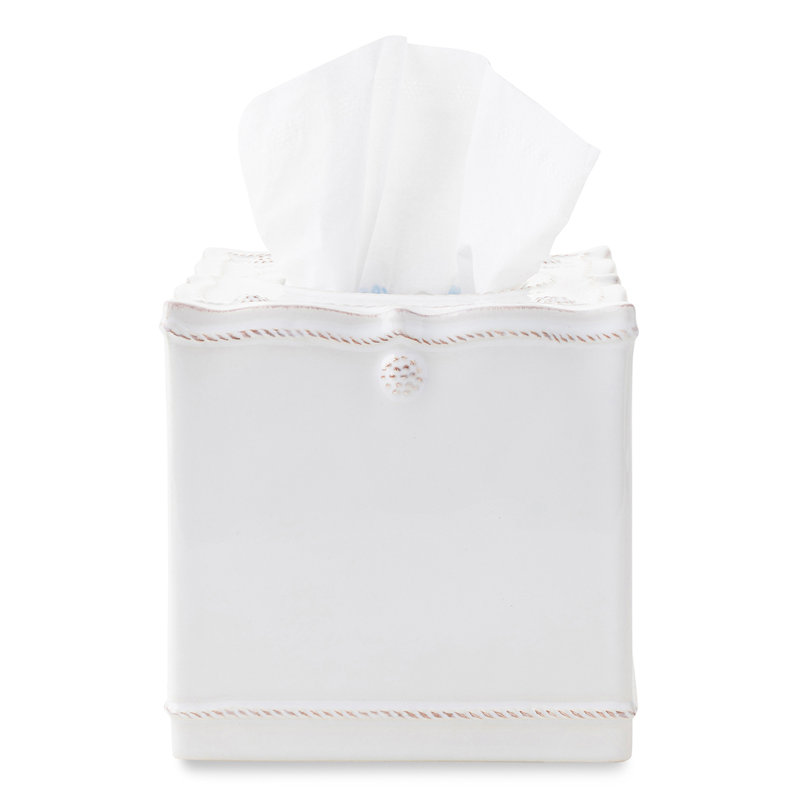 Elegant Whitewash Ceramic Tissue Box Cover with Berry & Thread Motif