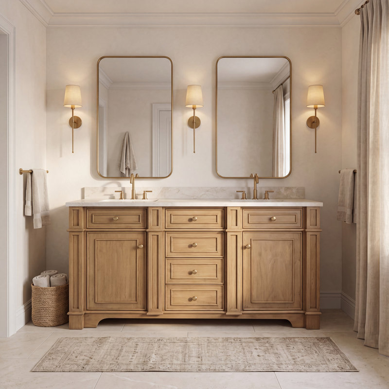 Meuble-lavabo autoportant double vasque Joselle, fini noyer clair, 152 cm (L) x 53 cm (P), L 60 po