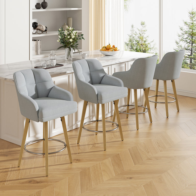 Modern Swivel Bar Stool With Backrest, Armrests And Wood Legs - Counter Height Chair For Kitchen Island, Gray, 4