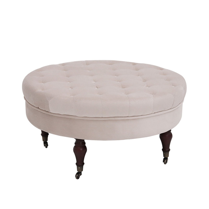 Smpad 32.3 Wide Velvet Tufted Round Ottoman, Beige Velvet