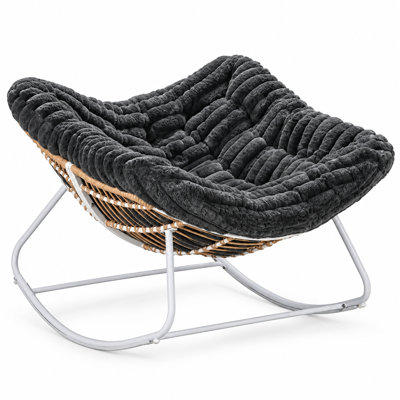Oversized Papasan Rocking Chair, Comfy Indoor Outdoor Rocking Chair with Thick Ultra-Soft Cushion, Rattan Accent Lounge Chair for Living Room Bedroom Porch, Cozy Reading Rocker, Grey