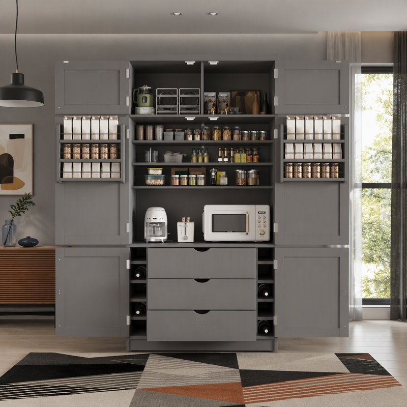 Freestanding Kitchen Pantry Cabinet, Integrated Power Outlets, Adjustable Shelving & Wine Rack, Contemporary Style, Dining & Living Room