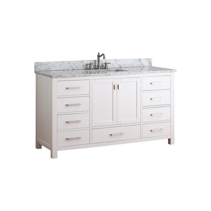 Meuble-lavabo simple 60 po avec plateau Souther, Blanc, Marbre blanc de Carrare, Nickel brossé