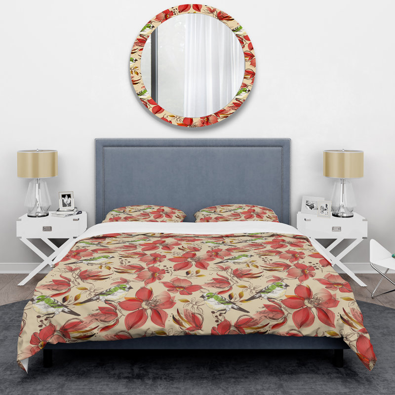 Fleurs rouges et oiseaux - Ensemble de housse de couette Cabin & Lodge, Housse de couette pour grand lit et 2 taies décor