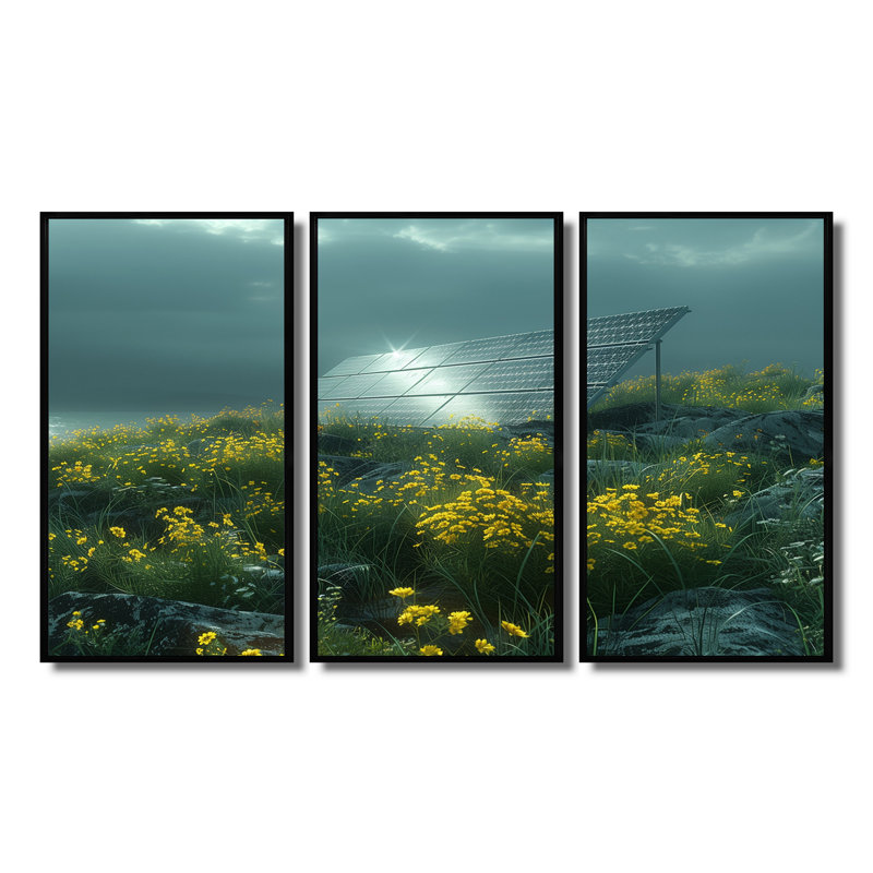 Panneaux solaires écoénergétiques jaune et vert - Ensemble de panneaux muraux solaires, Toile avec cadre flottant noir