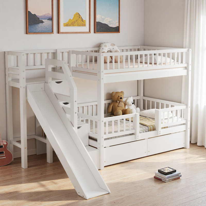 Lit superposé avec escalier de rangement, glissade et 2 tiroirs, Blanc