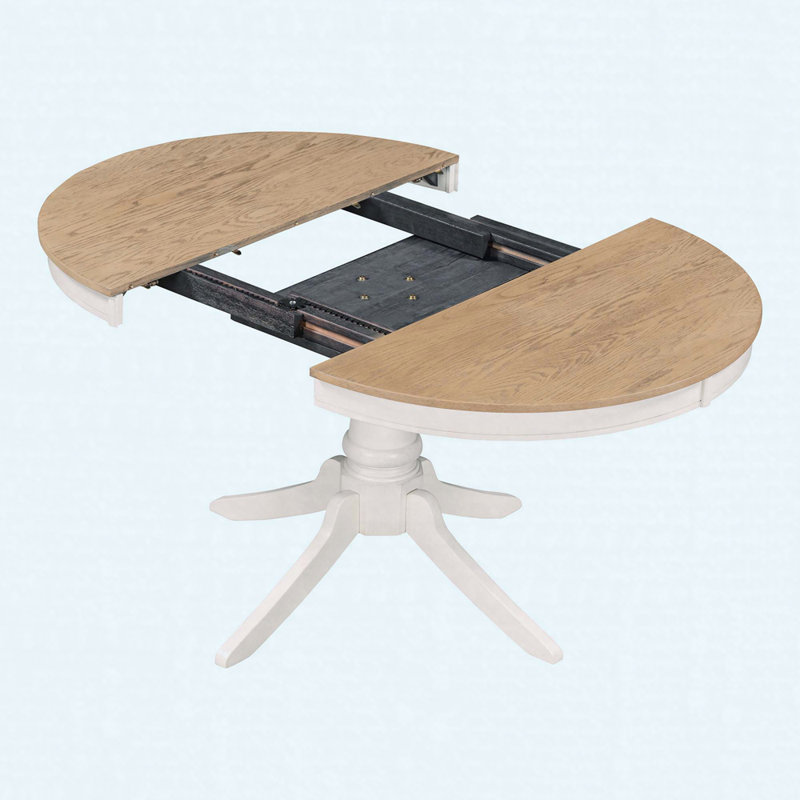 Ensemble de table de salle à manger 5 pièces en bois rétro avec table ronde extensible, base piédestal et 4 chaises rembourrées