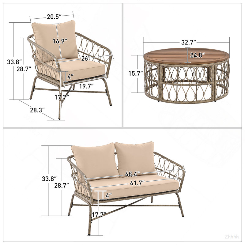 GO Bohemia-Inspired 4-Person Outdoor Seating Group With Removable Cushions, Conversation Patio Set With Wood Tabletop, Beige