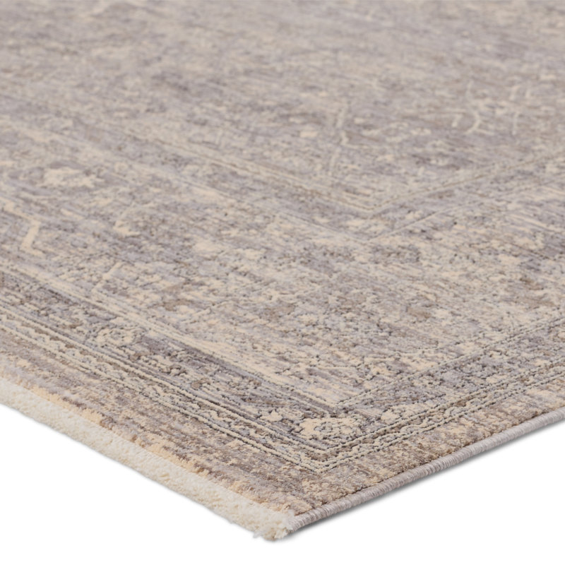 Tapis oriental gris / beige en polyester tissé à la machine Jeggar, Tapis de couloir 3 pi x 8 pi