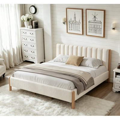 King Size Bed Frame with Boucle Upholstered Thick Headboard, Solid Wooden Legs, White
