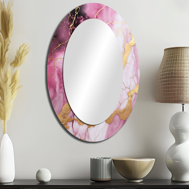 Essence de marbre rose et doré Essence III - Grand miroir mural ovale sur métal, 36 po x 24 po