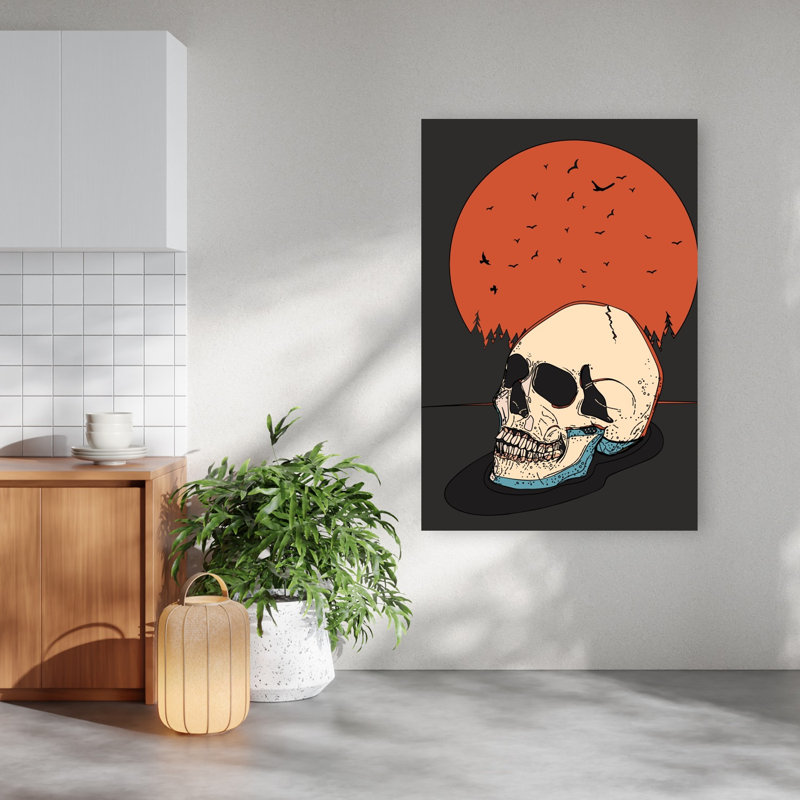 Crâne sous lune orange, style gothique abstrait contemporain, oiseau, forêt, coucher de soleil, affiche murale