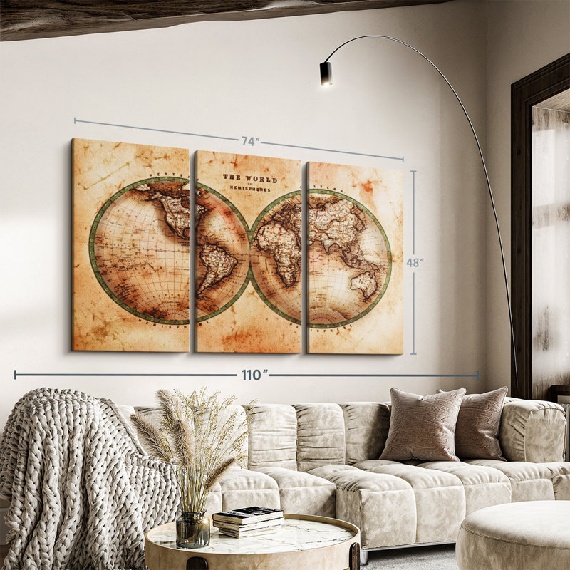 «Rustic Hemispheres Map» sur toile, H 48 po x l 74 po x P 1,25 po