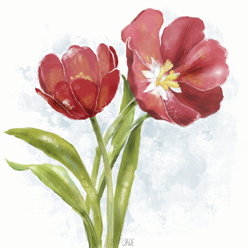 " Red Tulip Splash I " by Jade Reynolds Painting Print, 12" H x 12" W