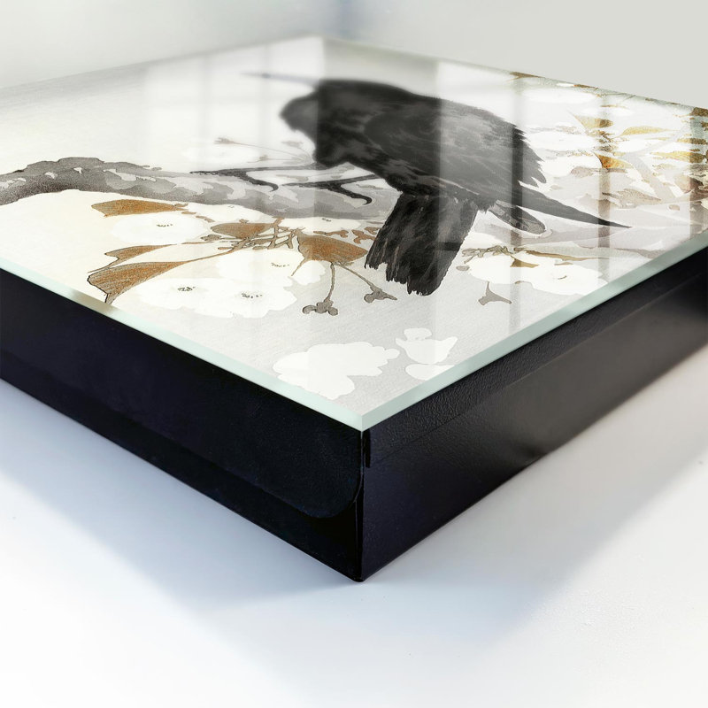 Key storage cabinet, Opens to the right, 30x30x5, White, A raven against a background of branches with flowers, 