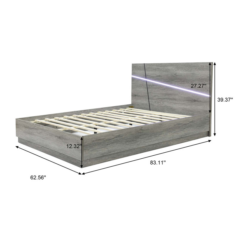 Modern Gray Panel Platform Bed Queen size with 3 Modes LED Light