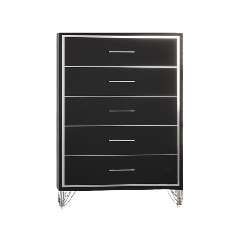 Commode haute Zoe, ébène moderne noir et argent, 5 tiroirs