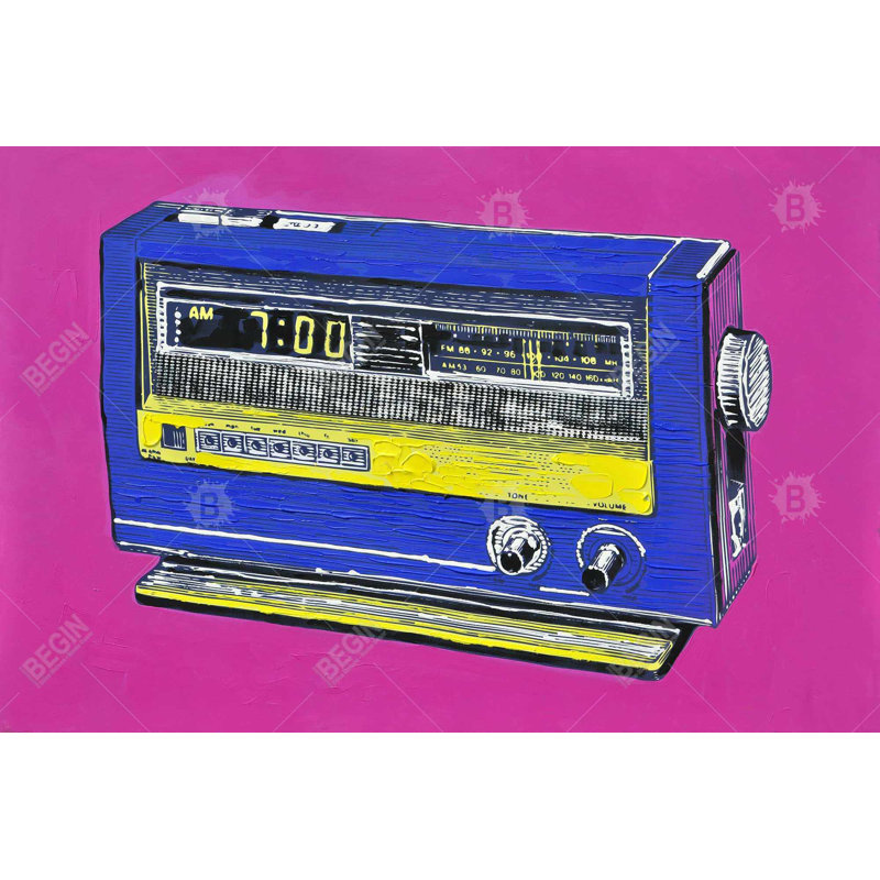 "Alarme radio rétro" sur toile, Rose / bleu / jaune