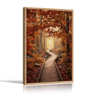 «Winding Wooden Boardwalk in Orange Autumn Forest», art mural