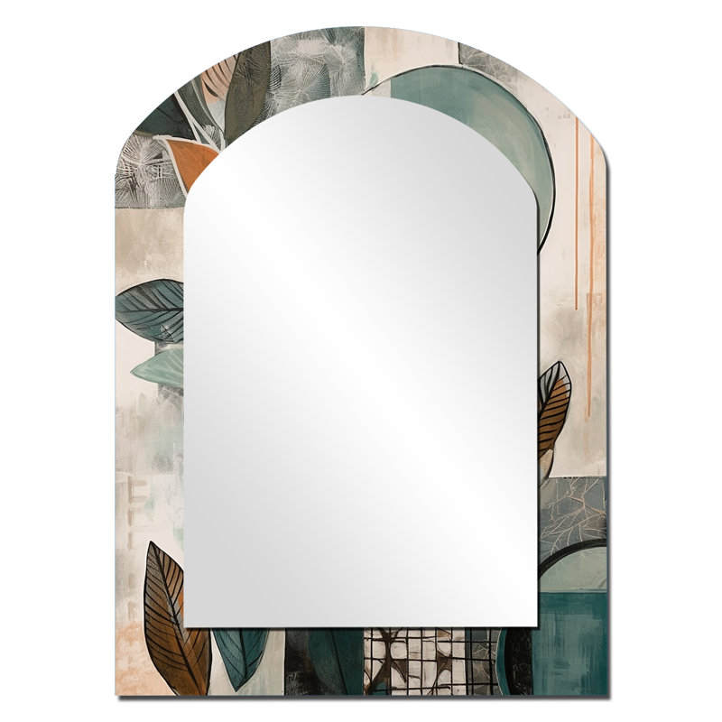 Orange And Green Abstract Bohemia I - Boho Feather Arch Decorative Mirror, Traditional Asymmetrical Large Wall Mirror, Printed Metal Art