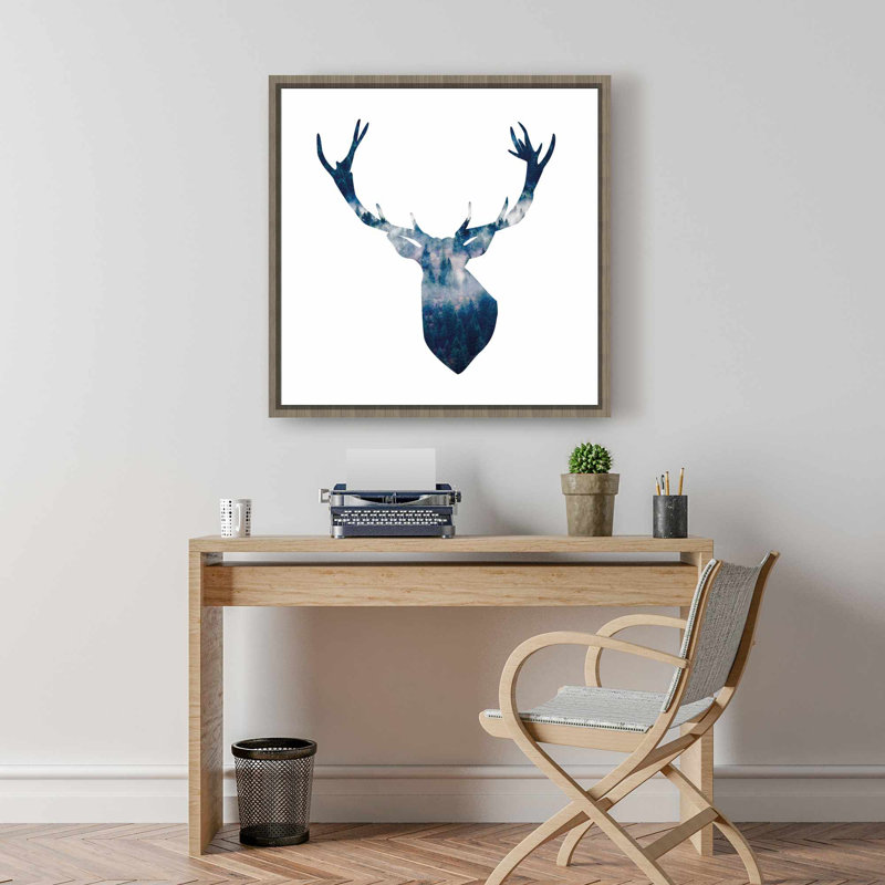 «Deer Head Landscape», décor de toile encadrée bleu classique, Bleu / bleu classique