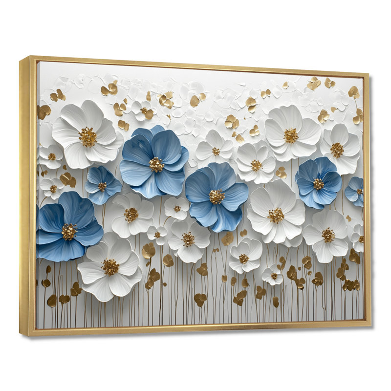Ikramudeen Widlflowers, bleu blanc, fleurs crémeuses dans la nature II - fleurs sauvages, art mural, H 34 po x l 44 po, Doré