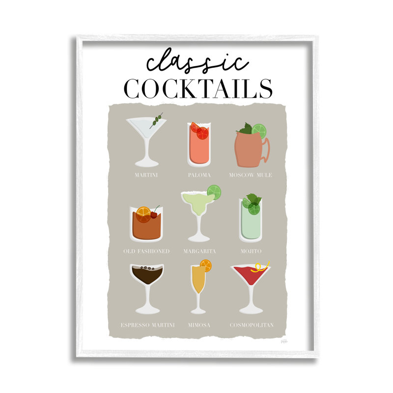 Tableau classique des cocktails, Giclée encadrée blanc bord de mer, H 30 po x l 24 po x P 1,5 po