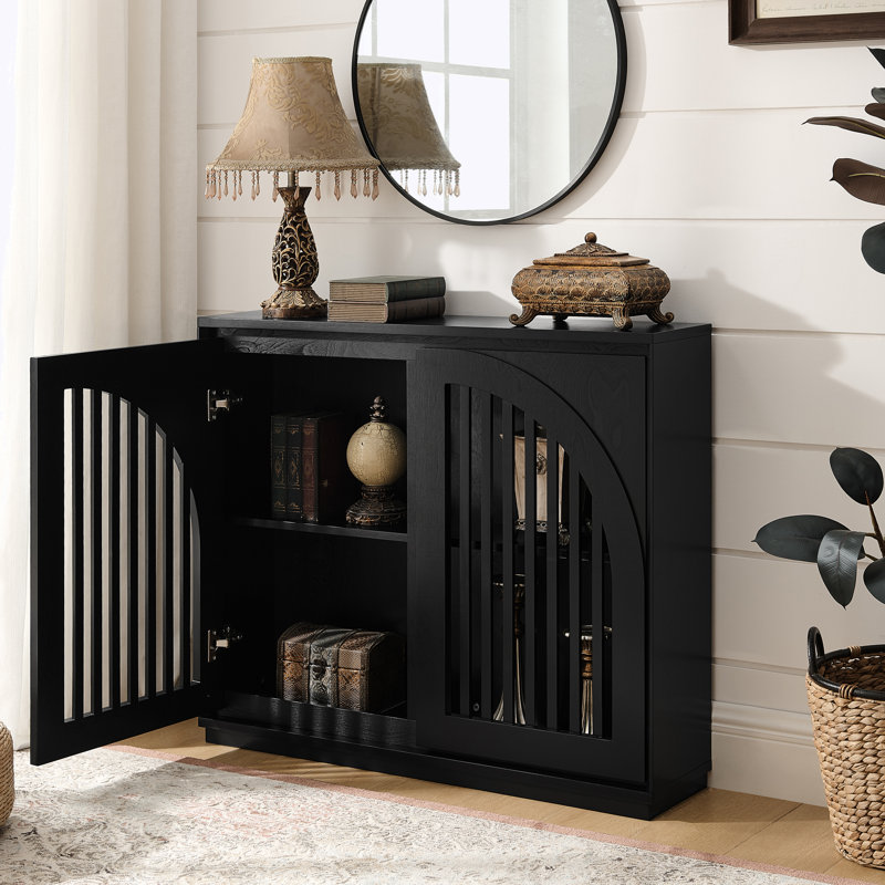 Buffet cannelé avec armoire de rangement étroite et 2 trous de sortie, Noir