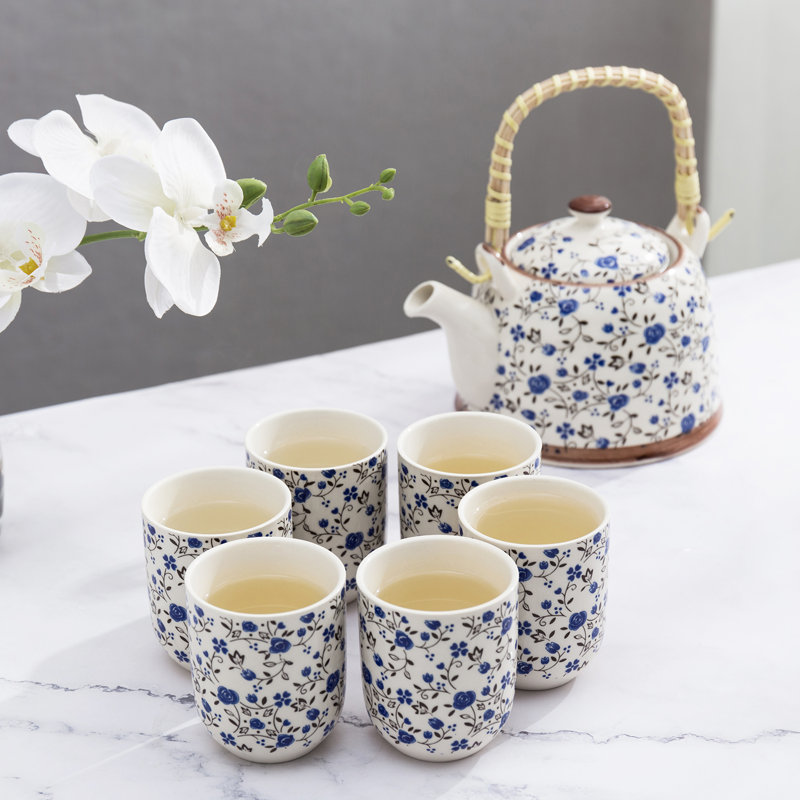 Jaeline 909 ml Roses Design Ceramic Floral Tea Set for 6 People, Blue/White/Brown