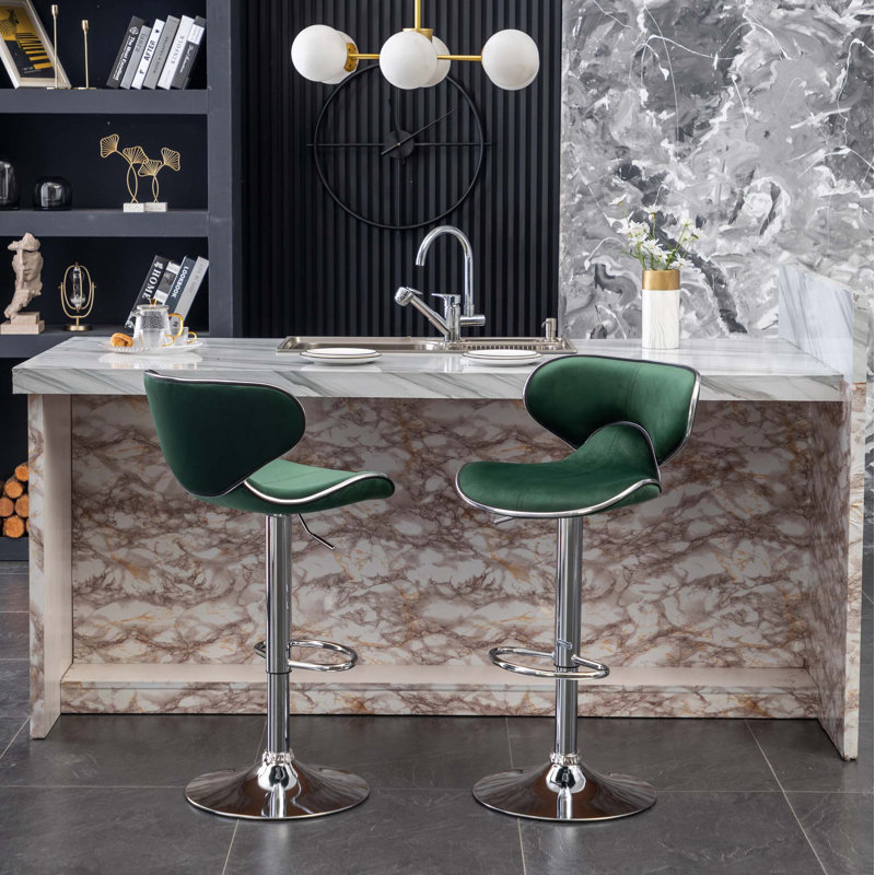 Annetra Velvet Upholstered Adjustable Swivel Barstool, Green