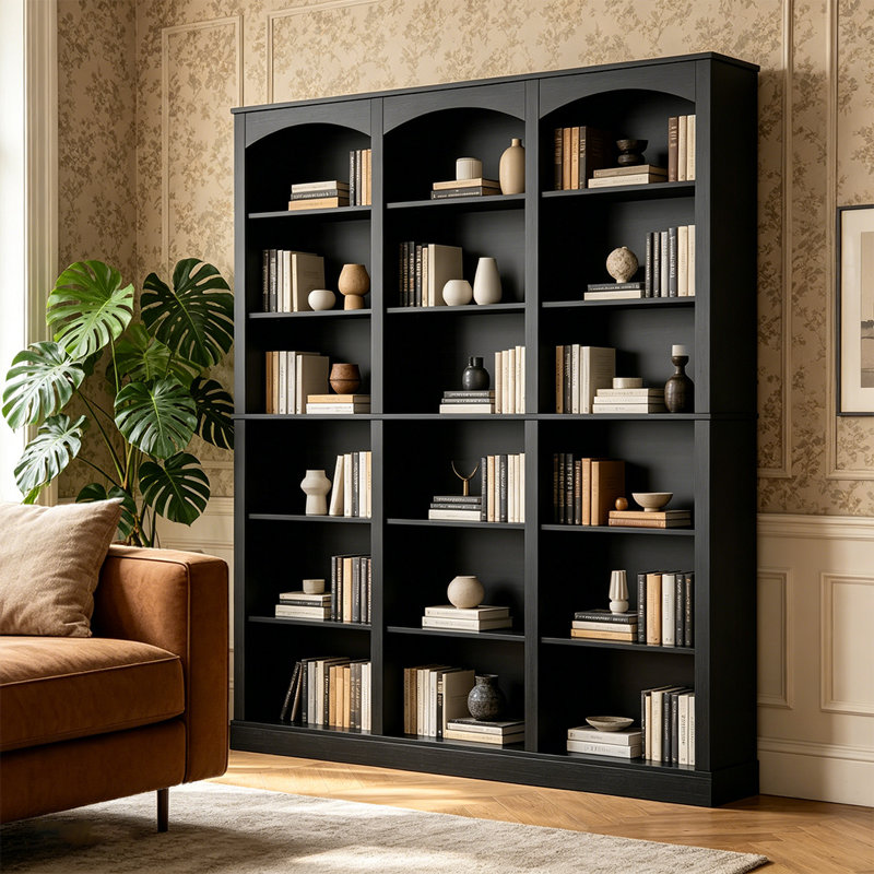 Bibliothèque triple triple, grande bibliothèque à 6 niveaux avec déflecteur incurvé, 18 tablettes ouvertes, Noir