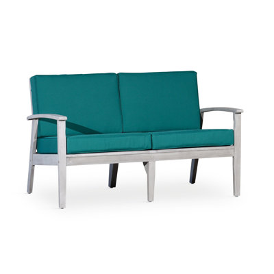 Causeuse en eucalyptus avec coussins, finition gris argenté, coussins vert foncé
