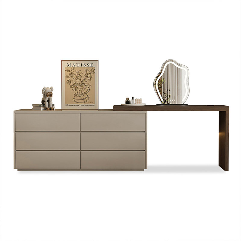 Coiffeuse avec miroir lumineux, 6 tiroirs, Kaki clair / noyer