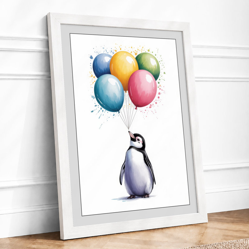 Penguin and Balloons Whimsical - Framed Print, A3 - 42.0 x 29.7 cm, White