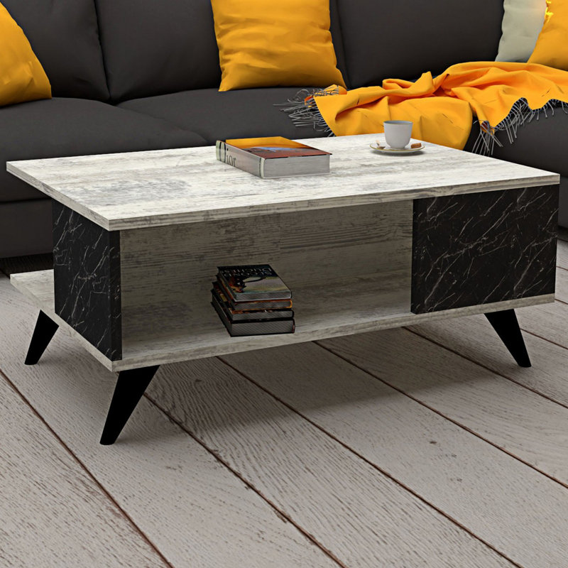Modern 2-Tier Coffee Table, White & Black, 35.4 x 15.6 x 23.4 inches | 100% Melamine Coated Particle Board, Thickness: 0.7 inches | Stylish Multipurpose Design with Additional Storage for Living Room & Lounge
