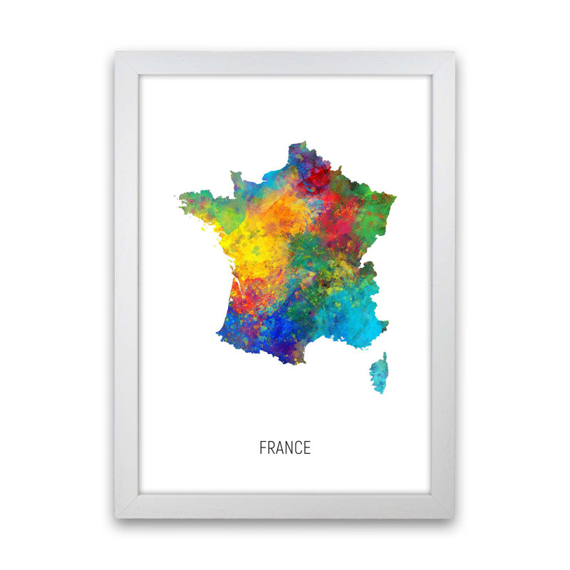 France Watercolour Map by Michael Tompsett - Print, White Framed, 63cm H x 46cm W x 3cm D