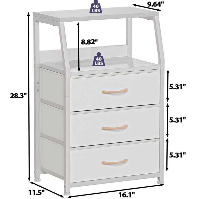 Table de chevet rustique avec structure en métal et 3 tiroirs en tissu, petite tour de rangement, Blanc