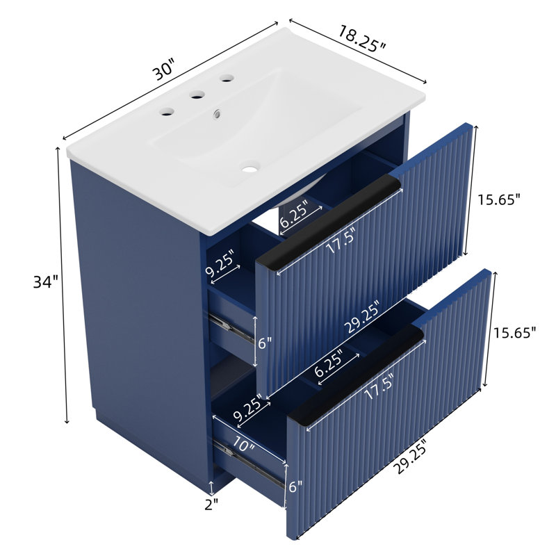 Meuble-lavabo 30 po avec comptoir en céramique, Bleu