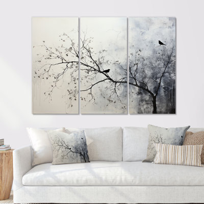 Minimalisme, oiseaux monochromes sur branche II - ensemble de décoration murale arbre