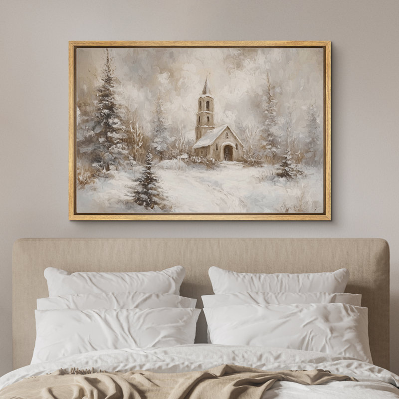 «Rustic Winter Landscape Country Christmas Pine Tree Holiday Decor», reproduction d'art sur toile encadrée, Naturel