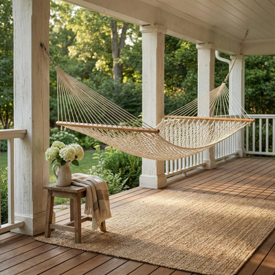 Miami Hammock in Natural - Rope Recycled Polyester - Quick Dry, Suitable for Indoor & Outdoor Use, Supports 2 Persons up to 400 lbs - Perfect for Backyard, Garden, Beach, Balcony, Patio & Poolside, 12-14 ft Adjustable